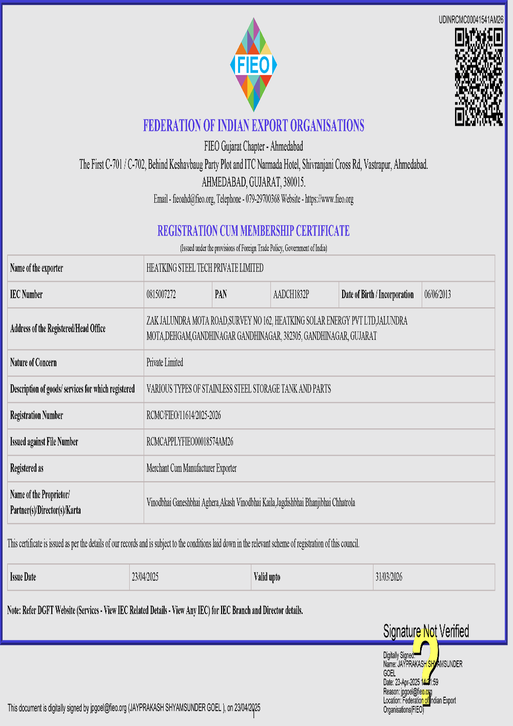 certification of heatking steel